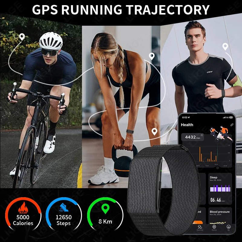 Black fitness smart bracelet shown with GPS running trajectory screen on display.