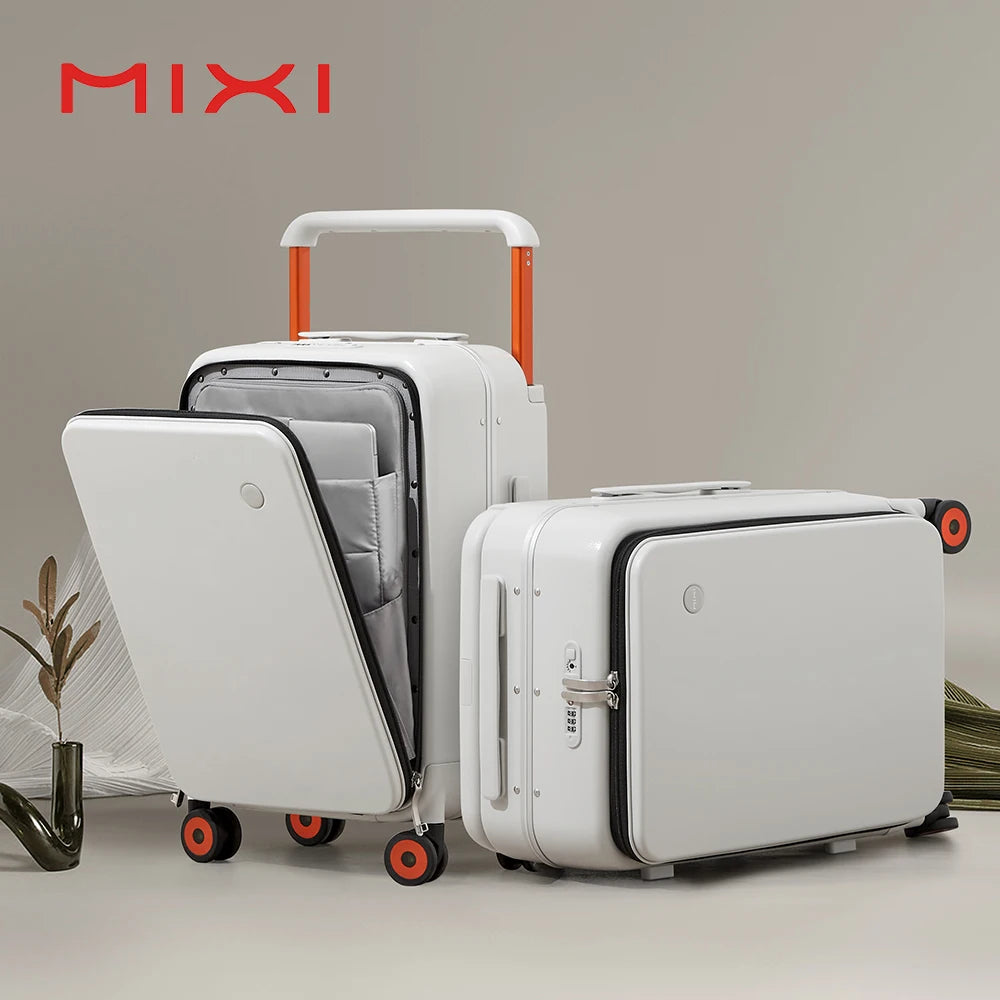 White carry-on suitcase with wide handle and four spinner wheels, orange trim