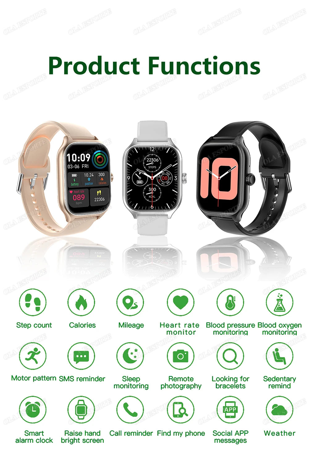 2.01 Smart Watch by Cedar & Moore; 3 watches rose gold, white and black; Bluetooth calls, heart rate and BP monitor