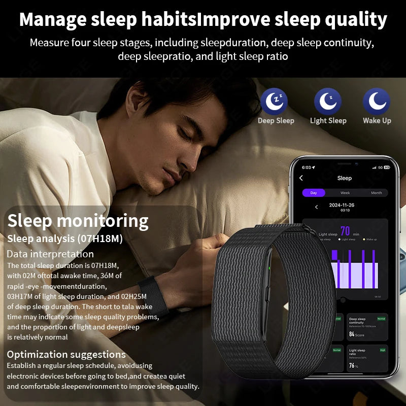 Black fitness smart bracelet worn on wrist with sleep screen visible on display.