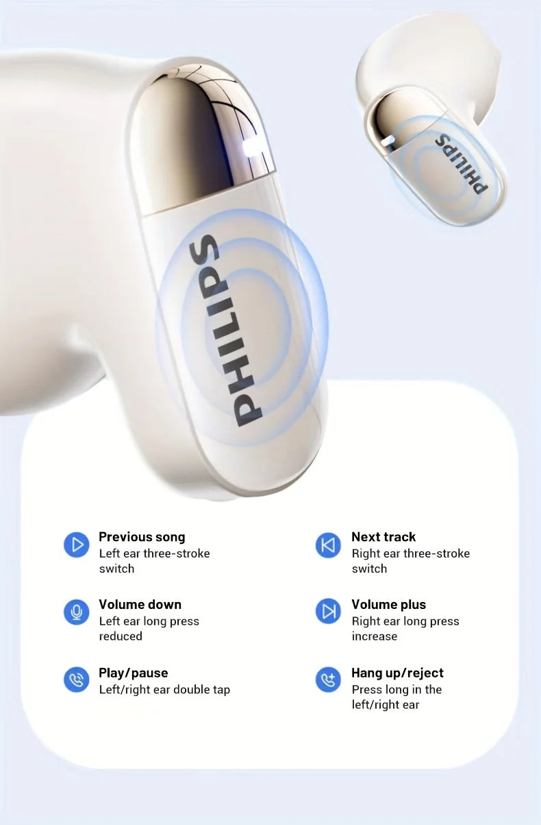 Philips wireless earbuds with white charging case and earbuds