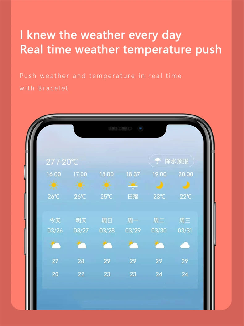 Fitness smartwatch weather display on phone screen with temperature details