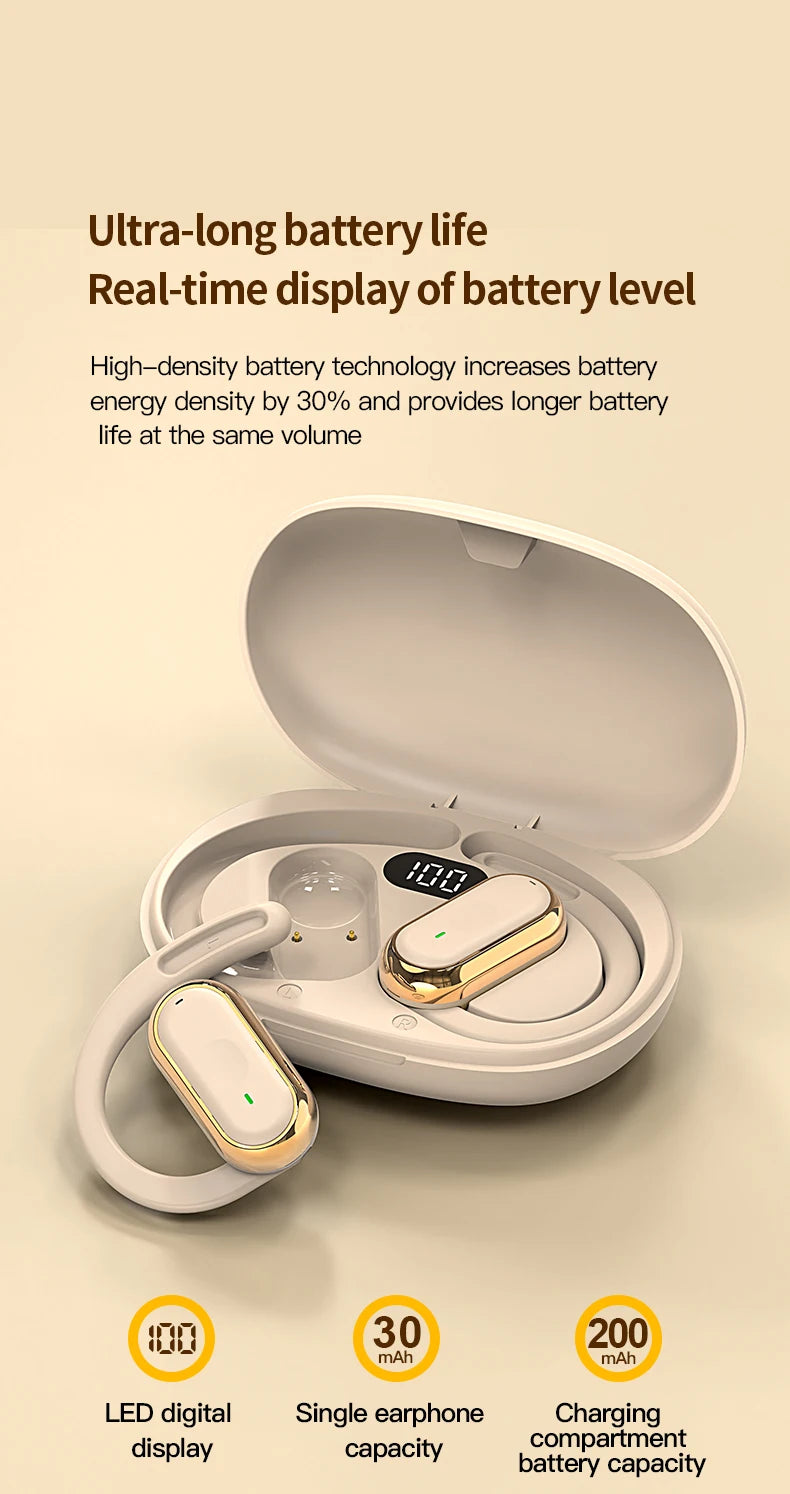 Wireless Cedar & Moore in-ear earbuds with LED display, 2 earbuds, white and gold, charging case