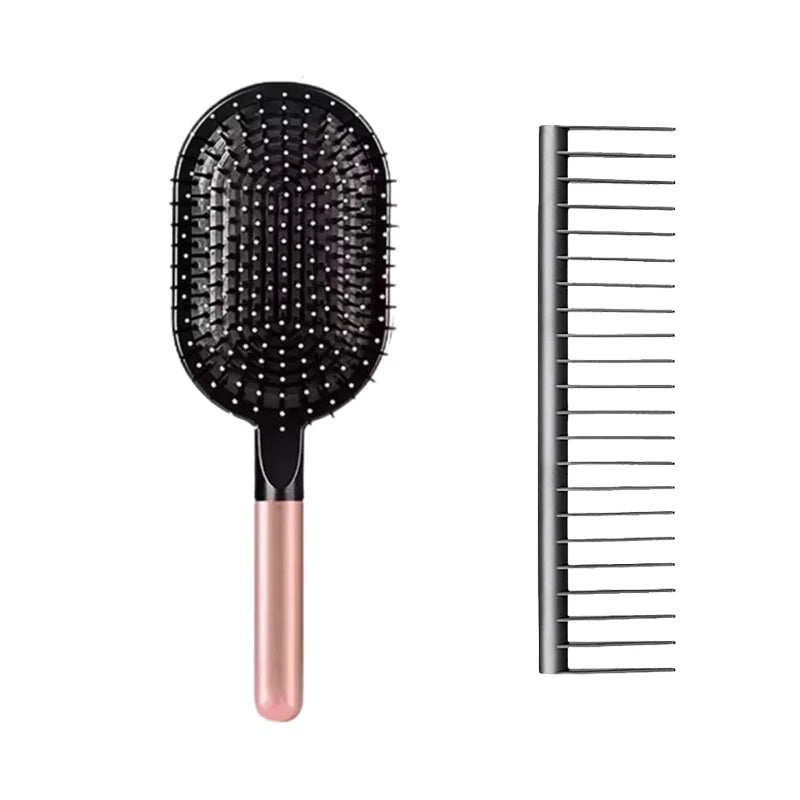 Airbag hair brush with rose-gold handle and black pin massage head