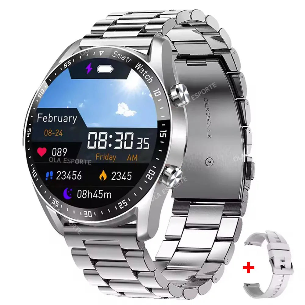 Ola Esporte Smart Watch with 1.5-inch round display, silver stainless-steel band and extra strap