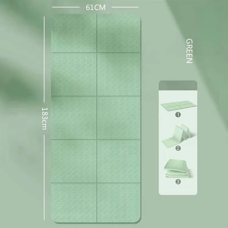 Foldable yoga mat in green, folded with panel seams and textured non-slip surface