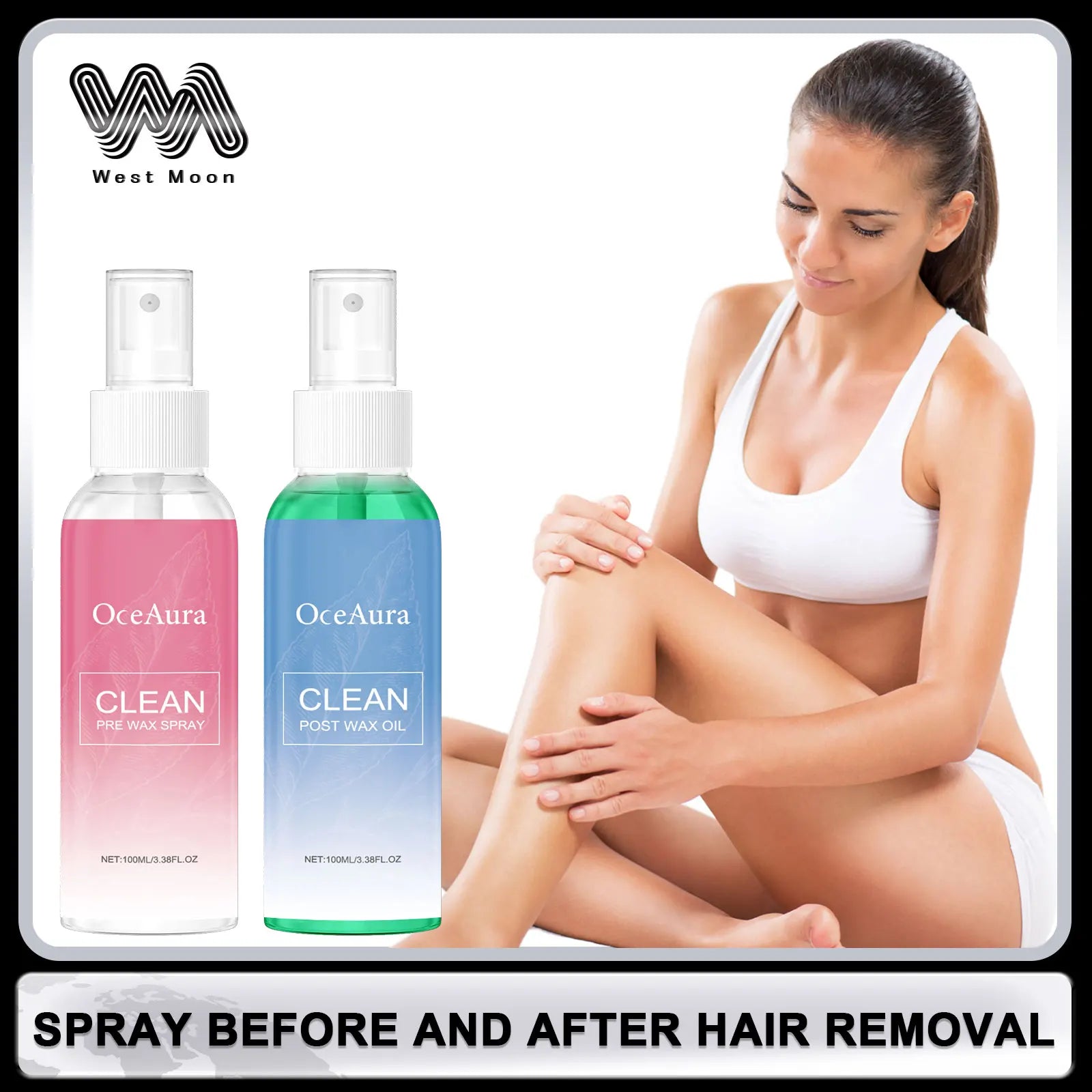 OceAura post-wax soothing spray bottles with fine mist on legs