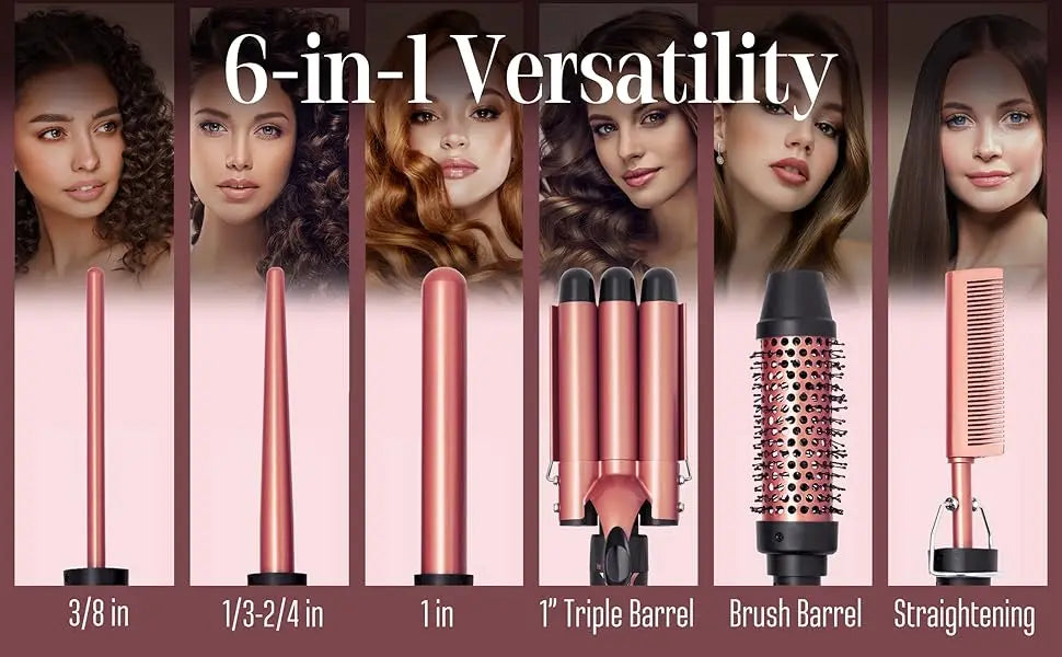 Rose-gold 6-in-1 versatility set showing curling barrels, triple barrel, brush barrel, and comb