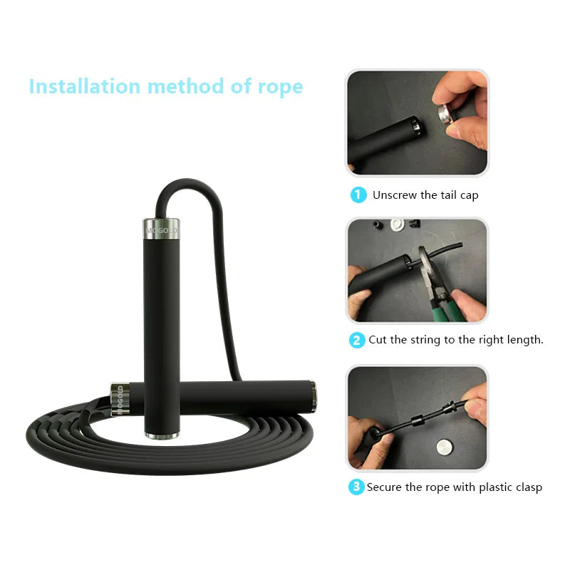 Professional Jump Rope Cedar & Moore; black handles and cable, adjustable length with dual-ball bearings