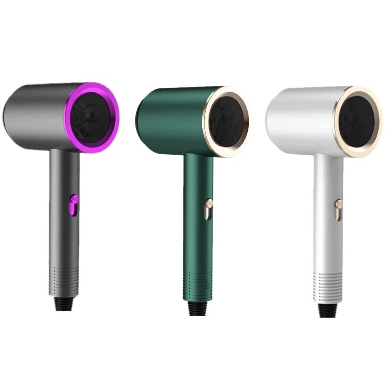 Professional salon hair dryer, matte dark gray with purple ring intake and black nozzle