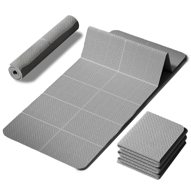 Foldable TPE Yoga Mat by Cedar & Moore, grey; portable non-slip with 6-panel sections.