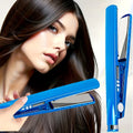 Blue hair straightener held near dark hair, styling with open plates