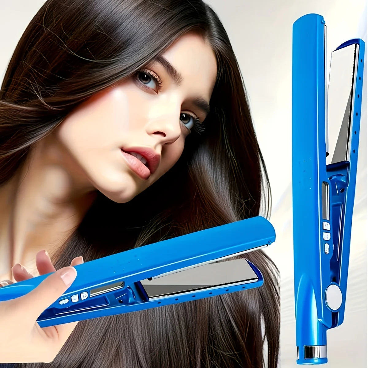 Blue hair straightener held near dark hair, styling with open plates