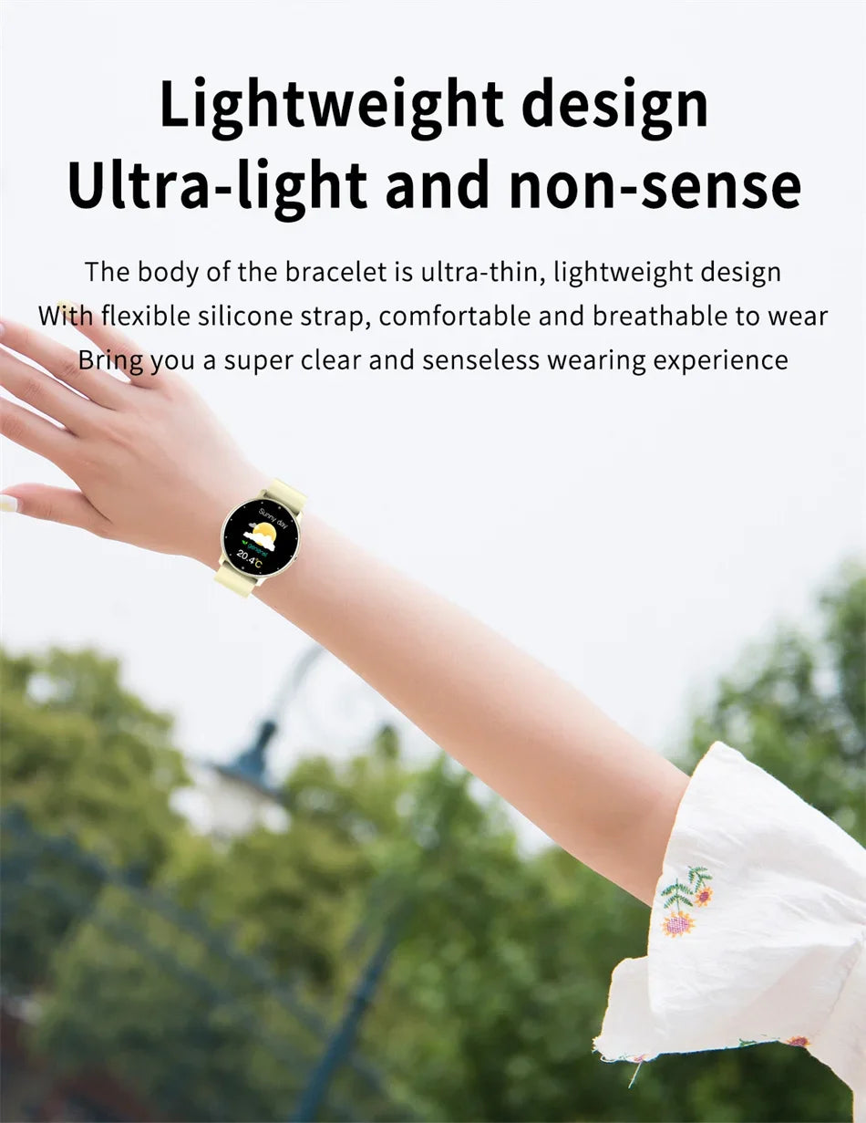 KaiAqua X27 fitness smartwatch with yellow strap and round AMOLED display worn on the wrist