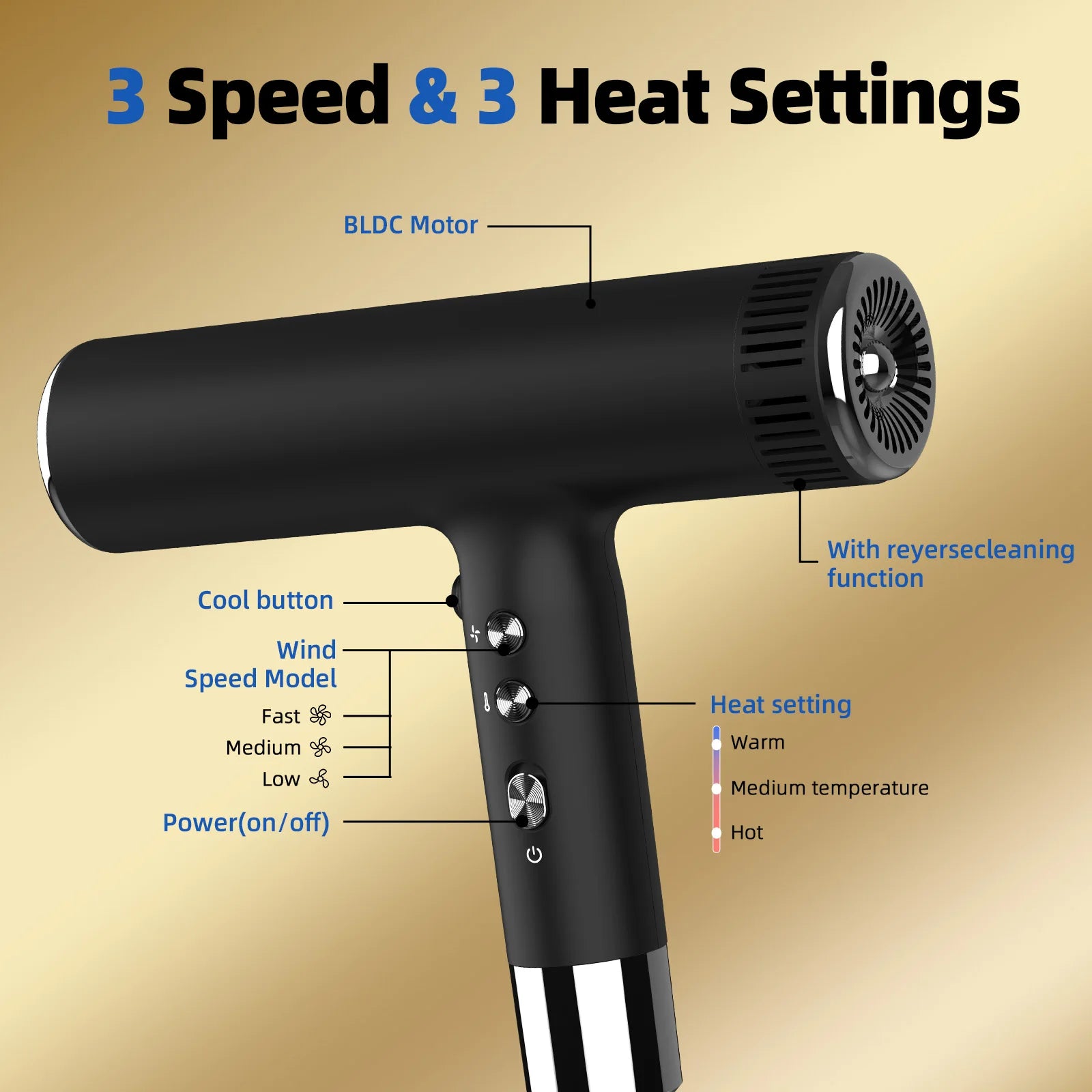 Black hair dryer with speed and heat control buttons
