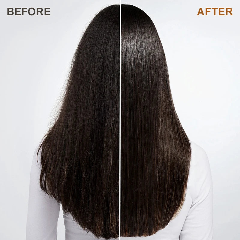 Before and after hair comparison: smooth dark hair with center split on white cloth