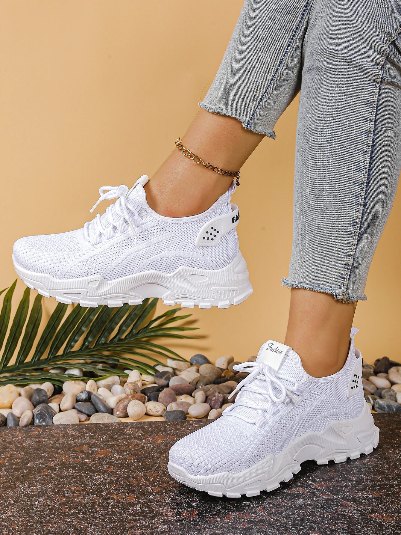 Women's white breathable mesh athletic sneakers with thick sole