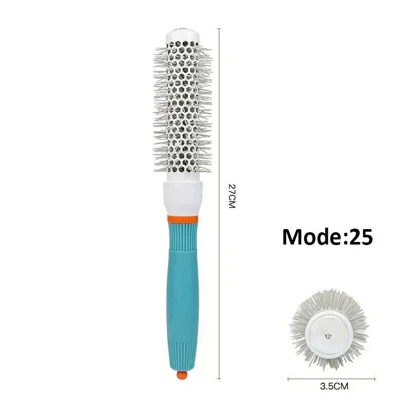 Hair styling brush with round barrel, silver bristles, teal handle, small head size