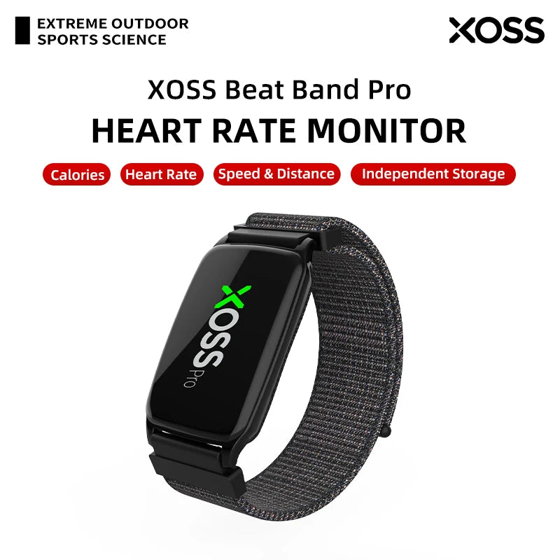 XOSS Beat Band Pro heart rate monitor armband with black woven strap, Bluetooth/ANT+ capable, IP68 waterproof