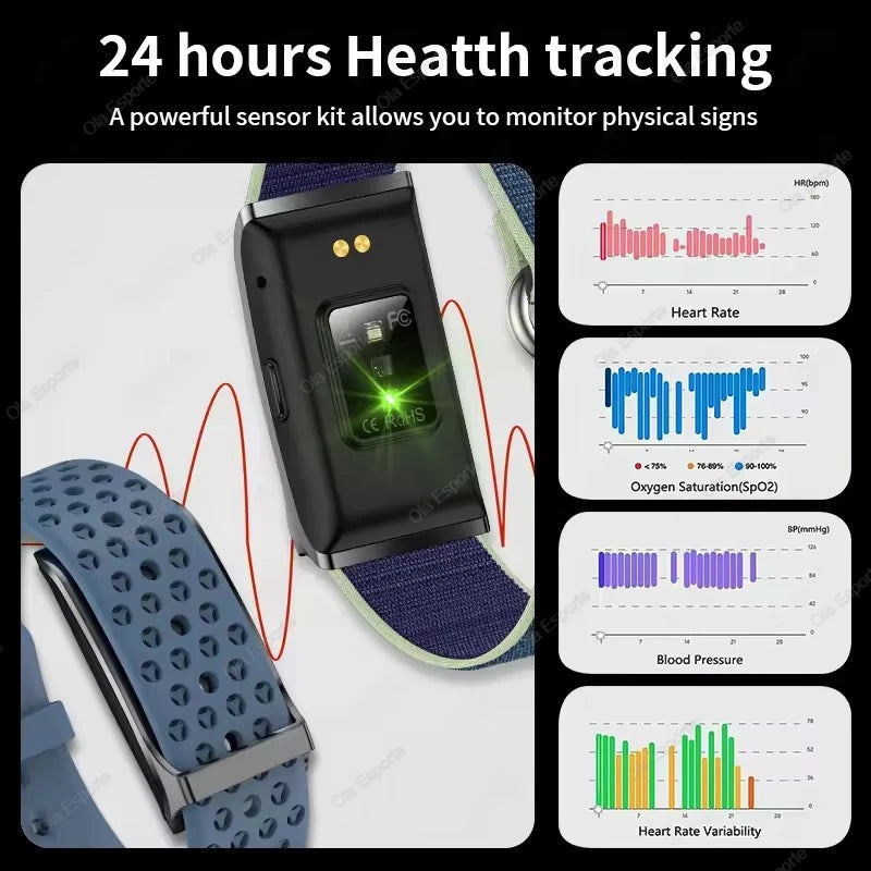 Fitness tracker smart bracelet with dark watch module on blue fabric strap, close-up