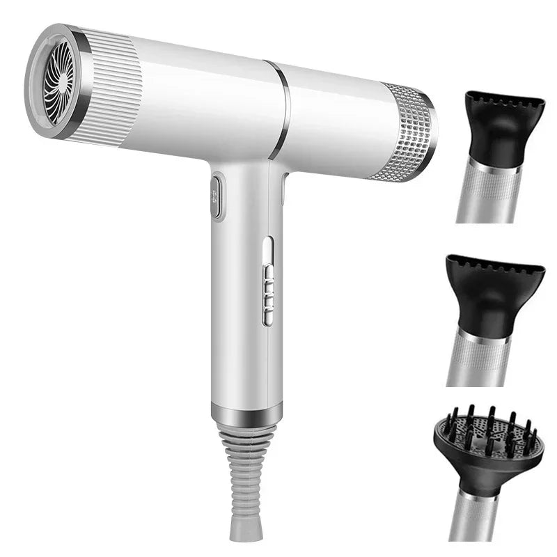 White hairdryer with concentrator and diffuser attachments, flexible cord