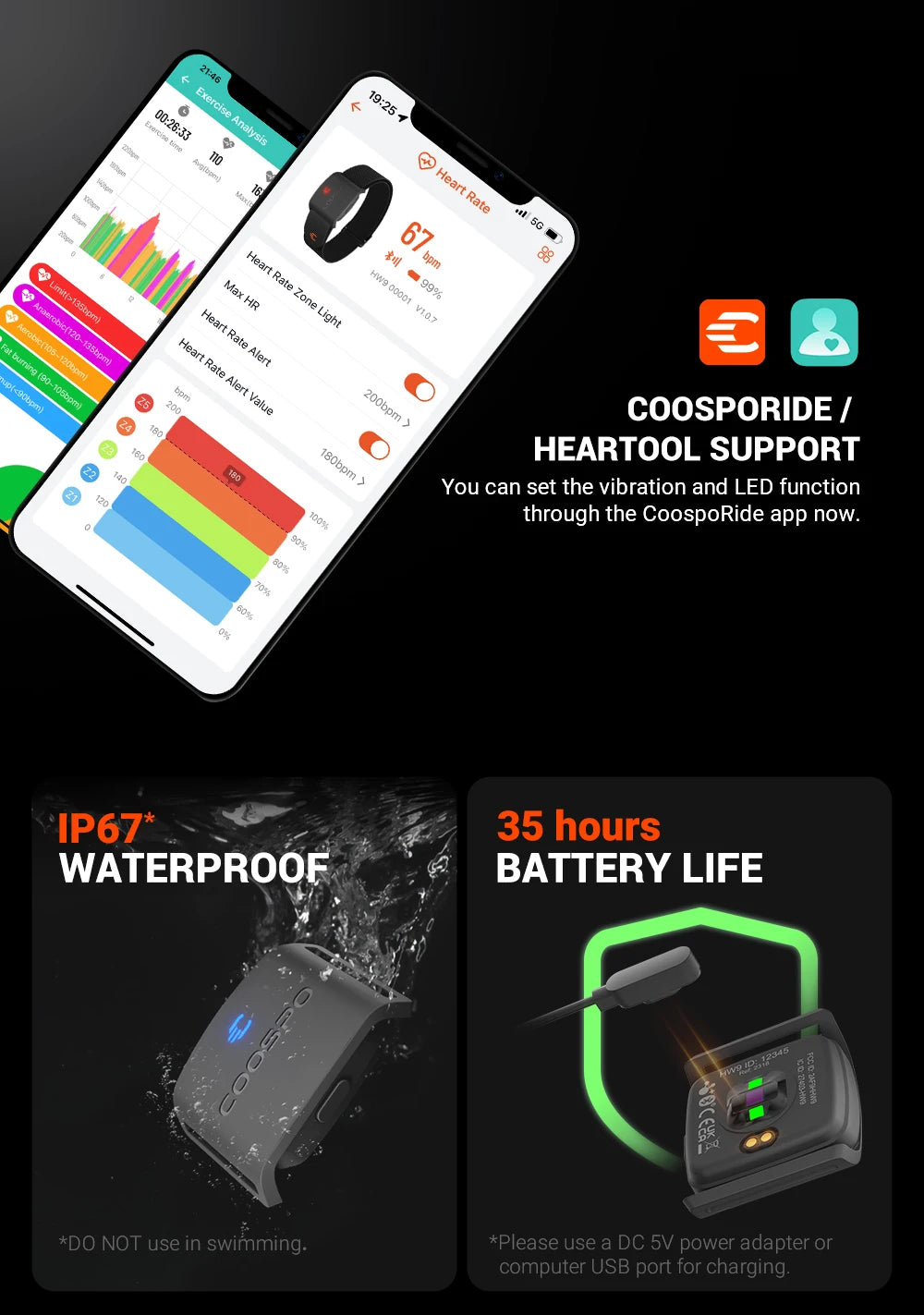 Gray armband heart rate monitor with orange knit strap and green LED sensor window
