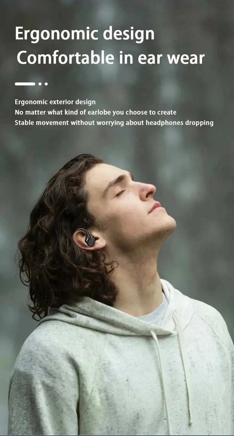 Black sport ear hook earbuds being worn by a person