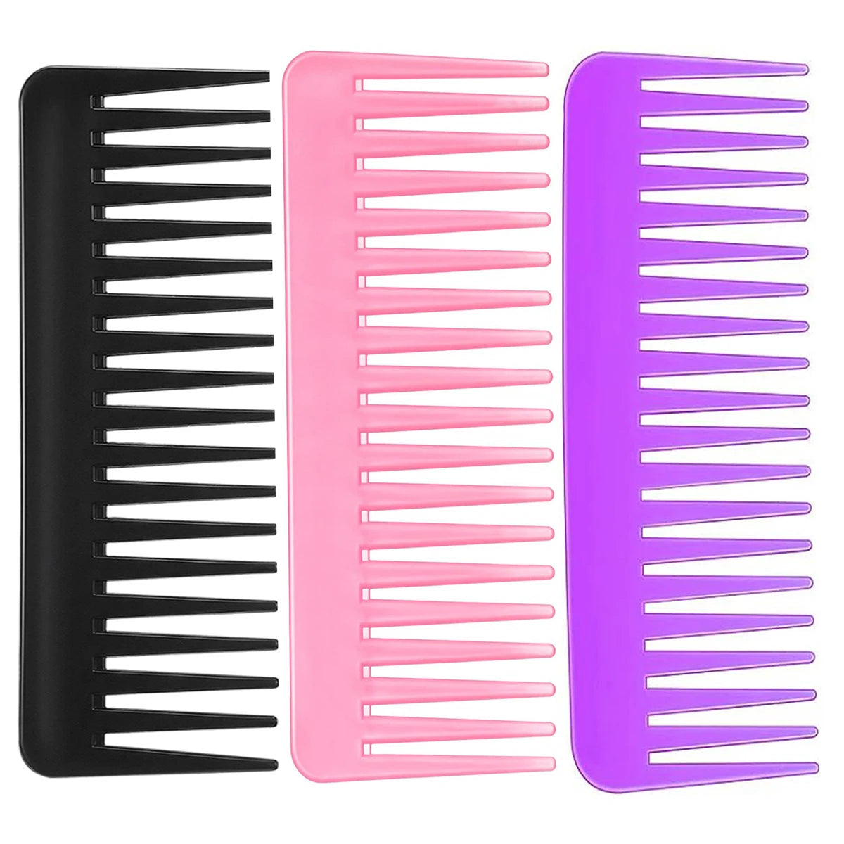 Cedar & Moore 3-piece wide-tooth detangling comb set, no-handle design in black, pink, and purple