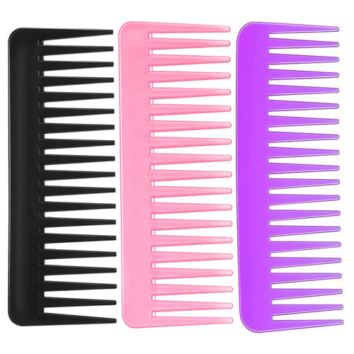 Cedar & Moore 3-piece wide-tooth detangling comb set, no-handle design in black, pink, and purple