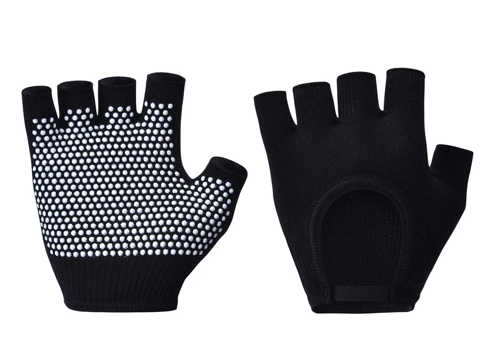 Black half-finger gloves with white dotted anti-slip palm and thumb cutout