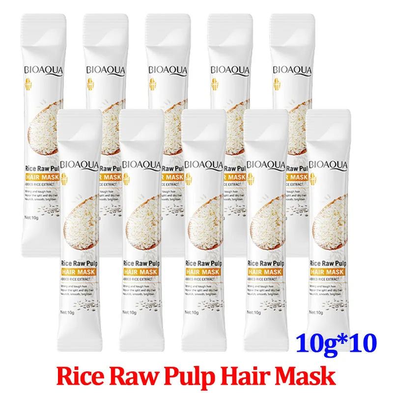 Rice Raw Pulp Hair Mask sachets by BioAQUA, 10 sachets of 10g each, white packaging with rice image