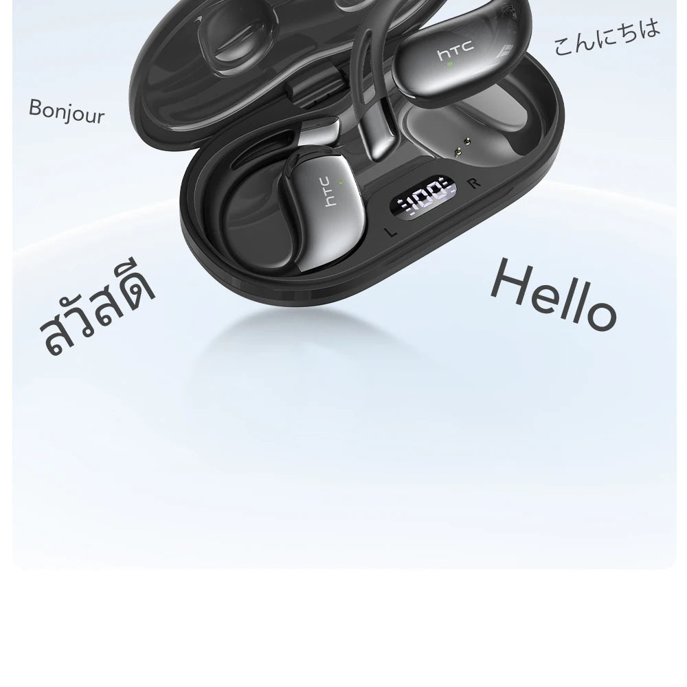 Open charging case with two black earbuds, top view