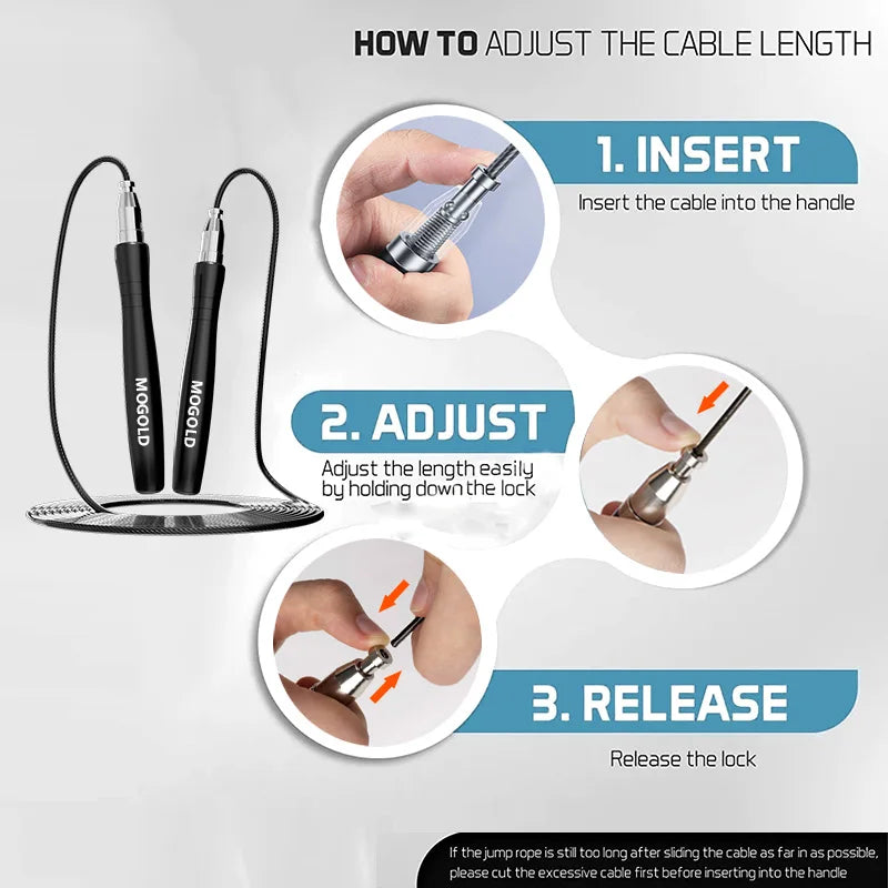 Adjustable jump rope with locking handle and adjustable cable length, with dual handles