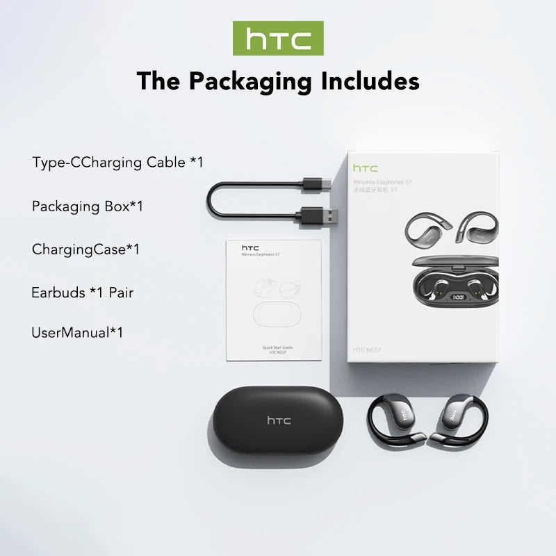 Wireless earbuds kit with black charging case, earbuds, cable, and user manual