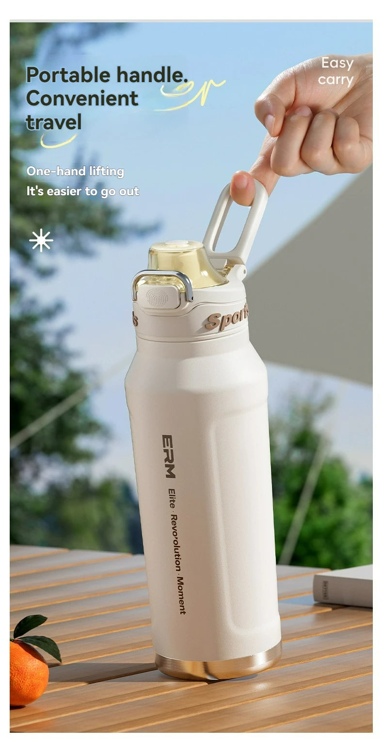 White 1.5L insulated sports bottle with portable top handle for easy carry