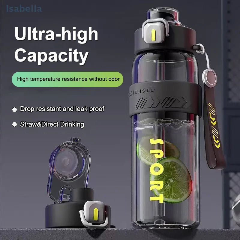 Clear sports water bottle with black lid and straw, showing lime slices inside, black carry strap.