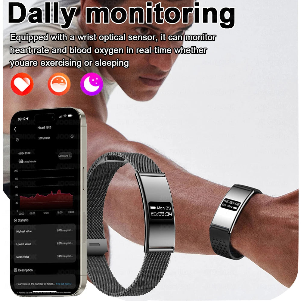 Smart fitness tracker bracelet on wrist with metal mesh strap and activity screen