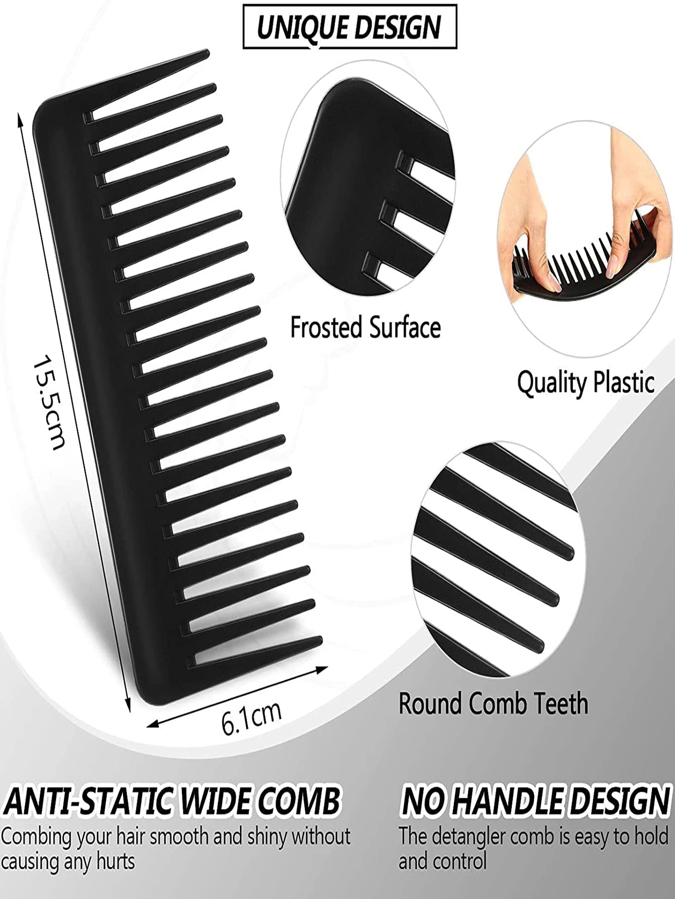 3-Piece wide-tooth detangling comb set, no-handle design, black anti-static plastic