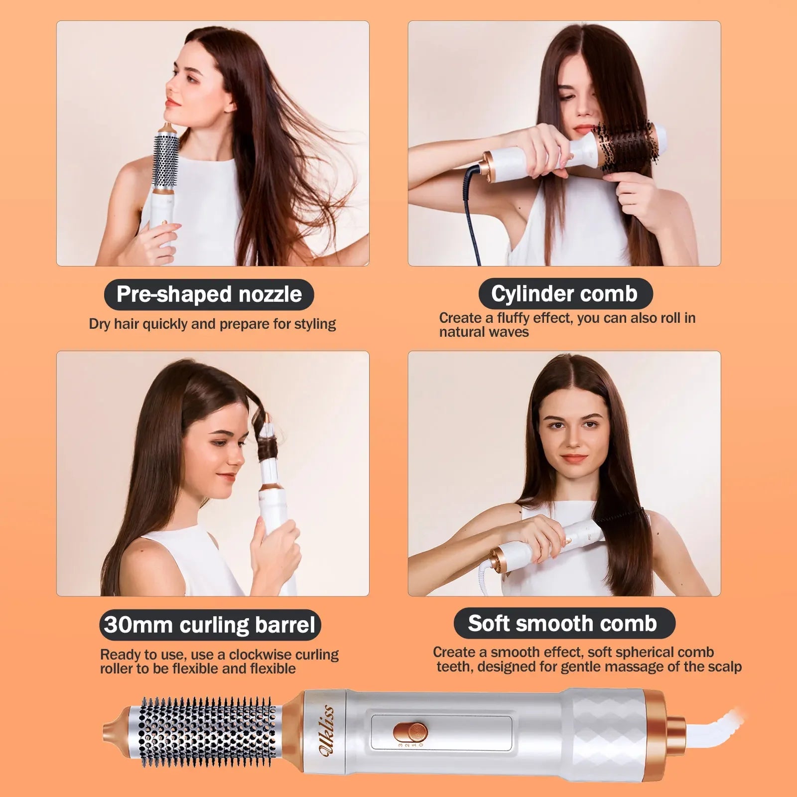 6-in-1 Hair Dryer Brush - Electric Blow Dryer Kit with Negative Ionic Styling & Curling Wand