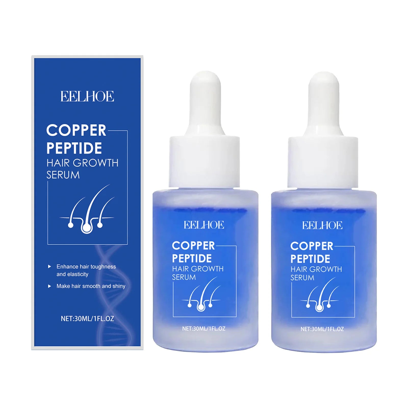 EELHOE copper peptide hair growth serum bottles and blue product box, 30ml