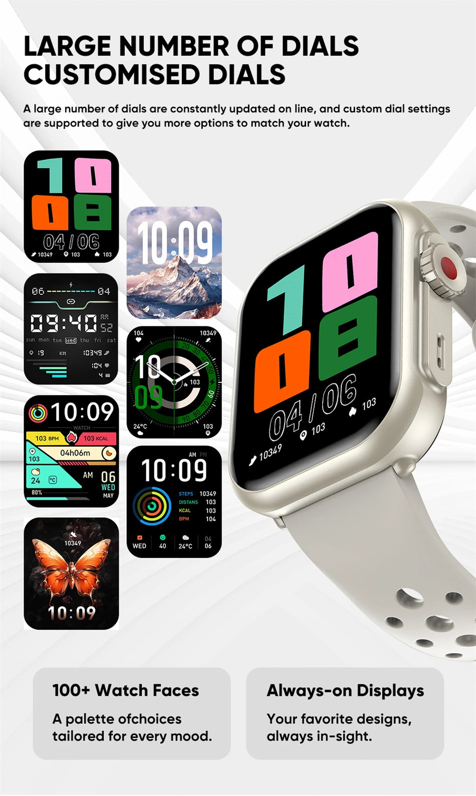 Smart Watch with 1.96-inch AMOLED display, silver-tone case and white strap, showing multiple customizable watch faces