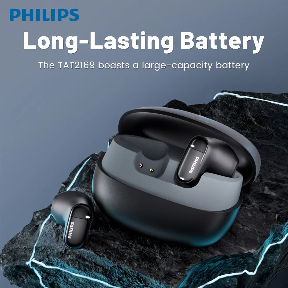 Black wireless earbuds in charging case