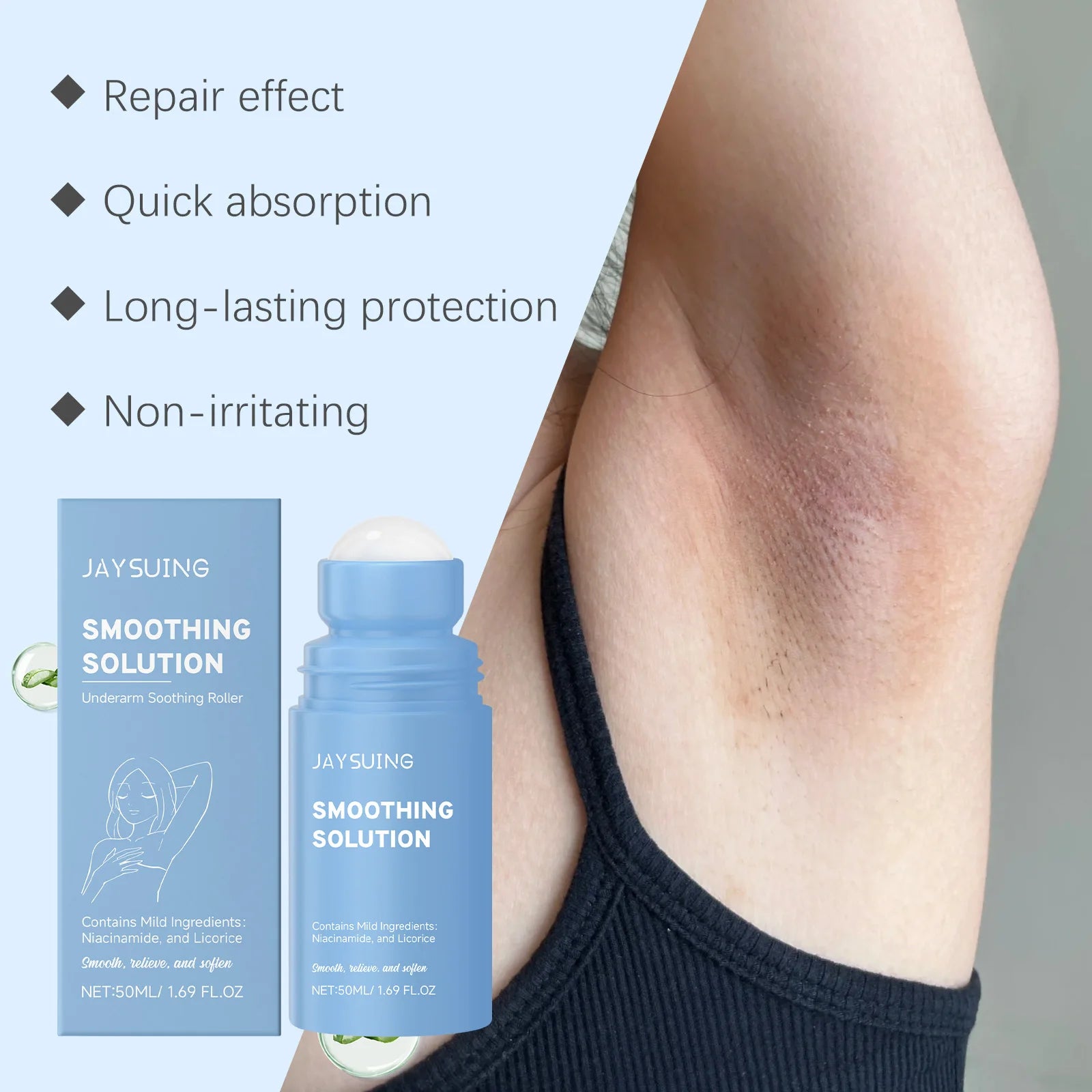 Underarm soothing roller bottle with blue cap and underarm area shown