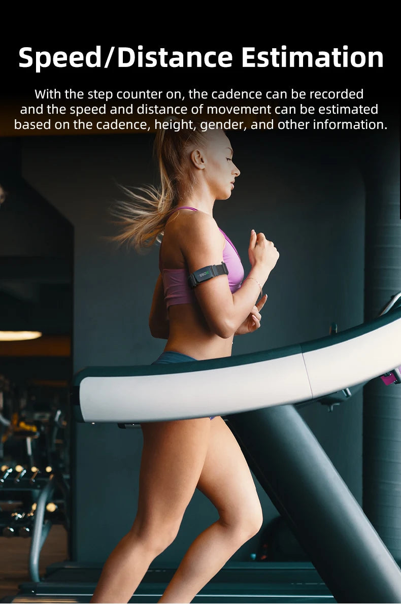 XOSS BBP black heart rate monitor armband on a woman's upper arm during treadmill workout