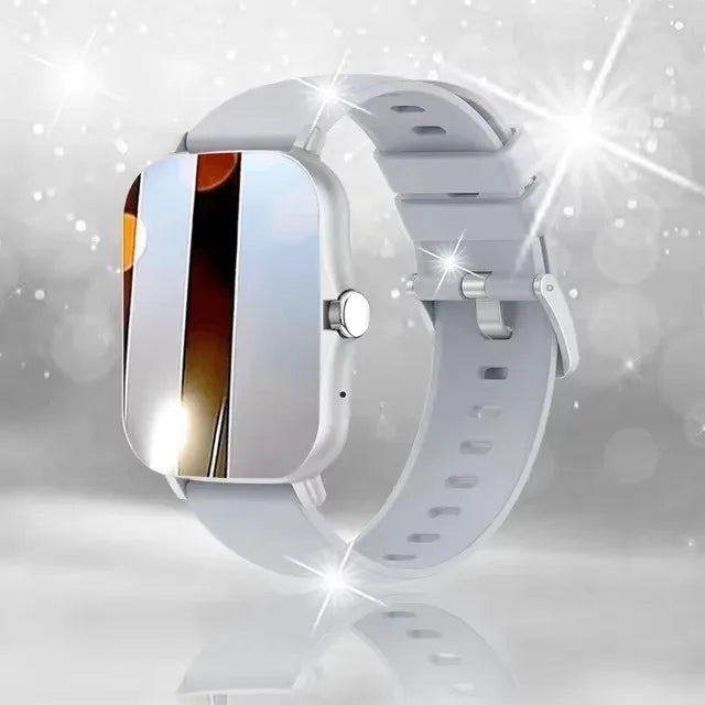 Multifunctional smart watch with 1.4-inch OLED display, silver case and white band.