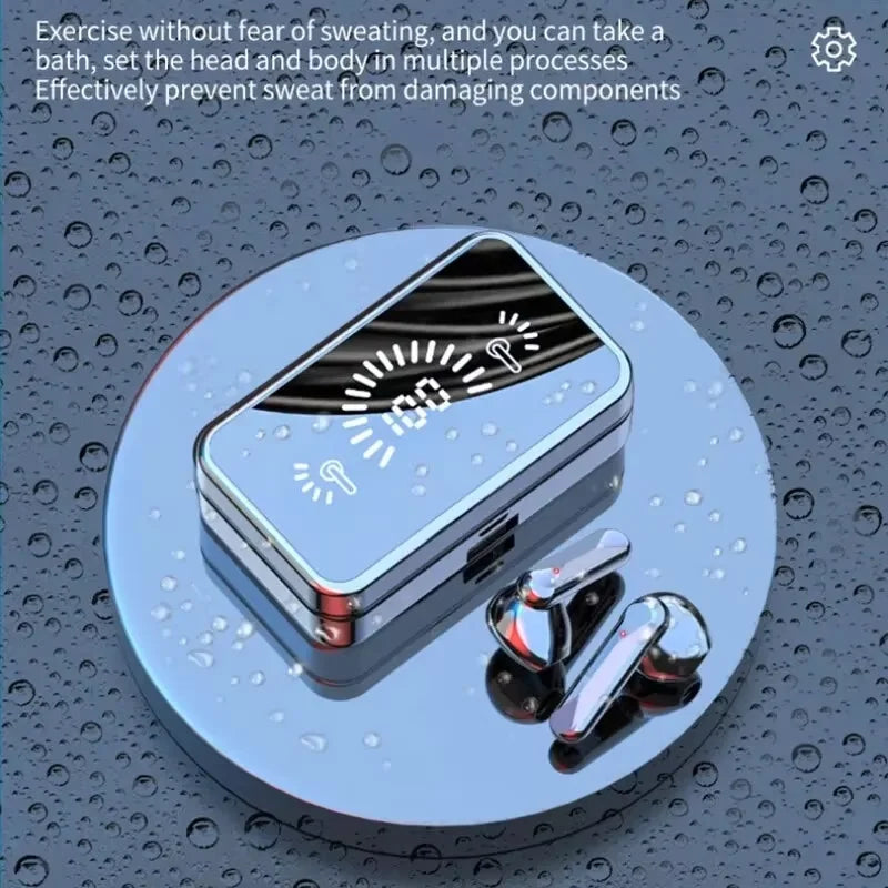 Bluetooth earphones charging case with earbuds and touch controls on front