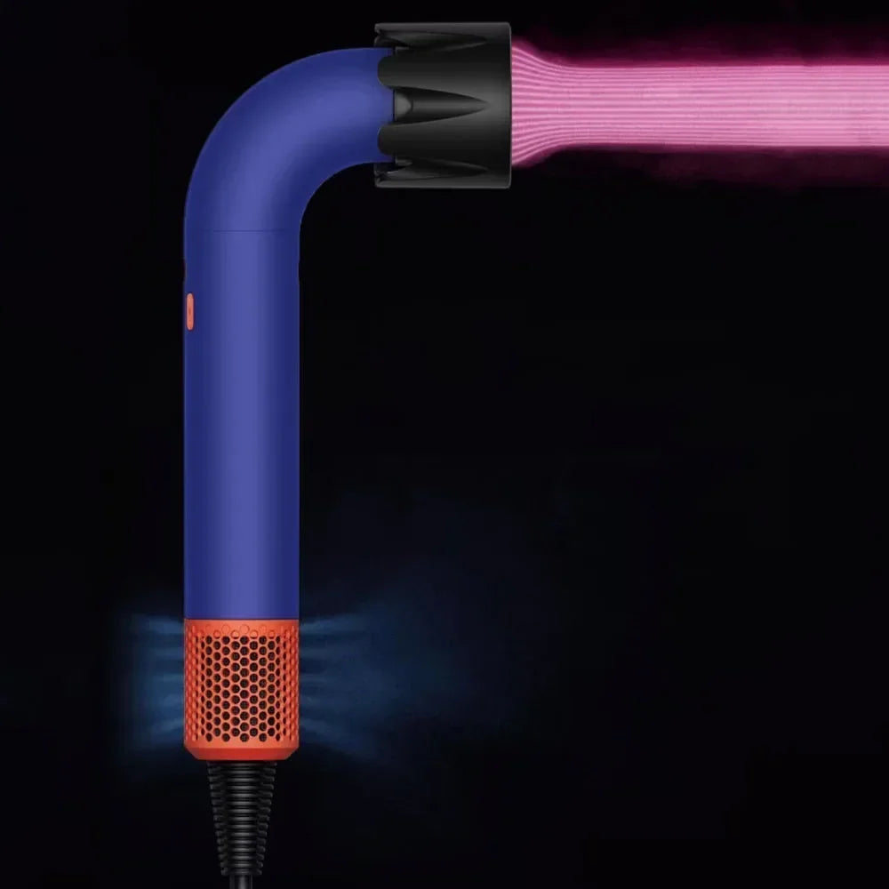 Blue hair dryer with black concentrator nozzle and orange vent grille