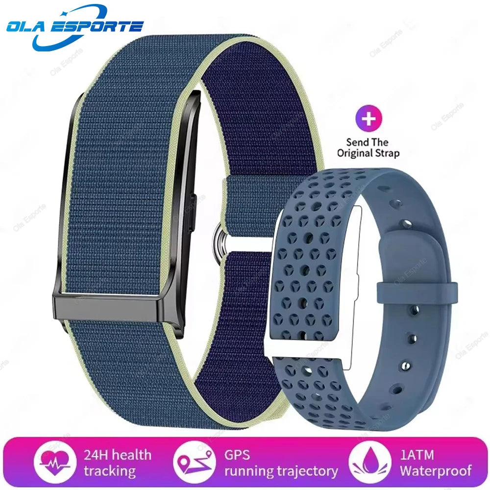 Fitness tracker smartwatch with blue fabric strap and dark perforated insert
