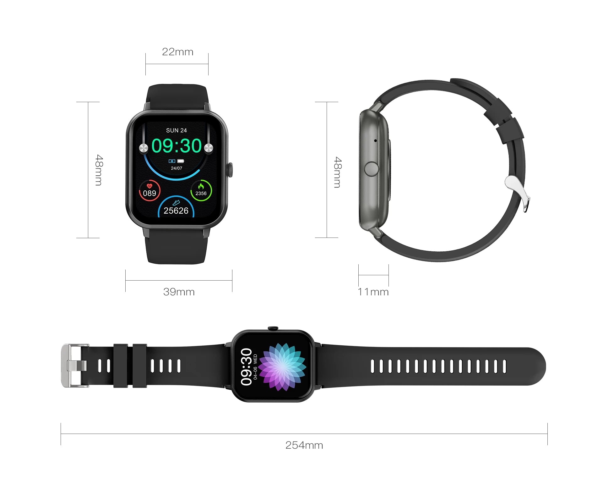 Black smartwatch with rectangular display and adjustable band, shown with size measurements