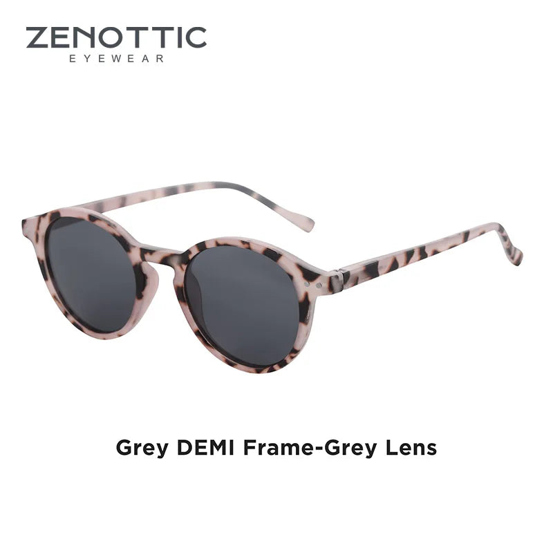 Retro small round sunglasses, dark grey lenses, grey tortoiseshell frame